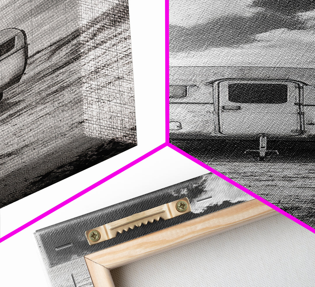 Vintage Camper, Cloudy Sky, Wanderlust Life, Desert Minimalism, Framed Canvas Print, Retro Travel Wall Art, Boho Bedroom Print, Office Art