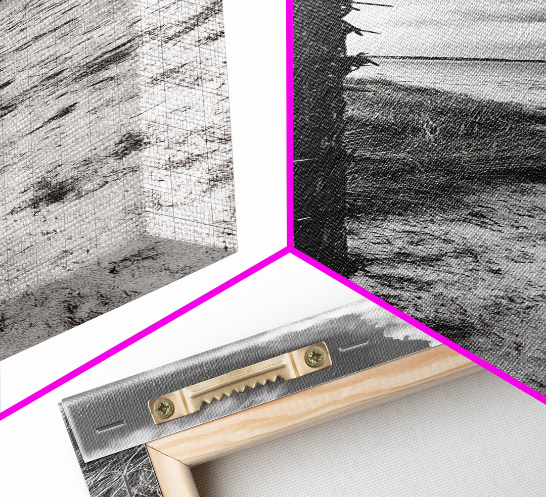 Barbed Fence, Sandy Dunes, Stormy Skies, Moody Coast, Natural Tension, Framed Canvas Print, Living Room Wall Art, Modern Western Decor