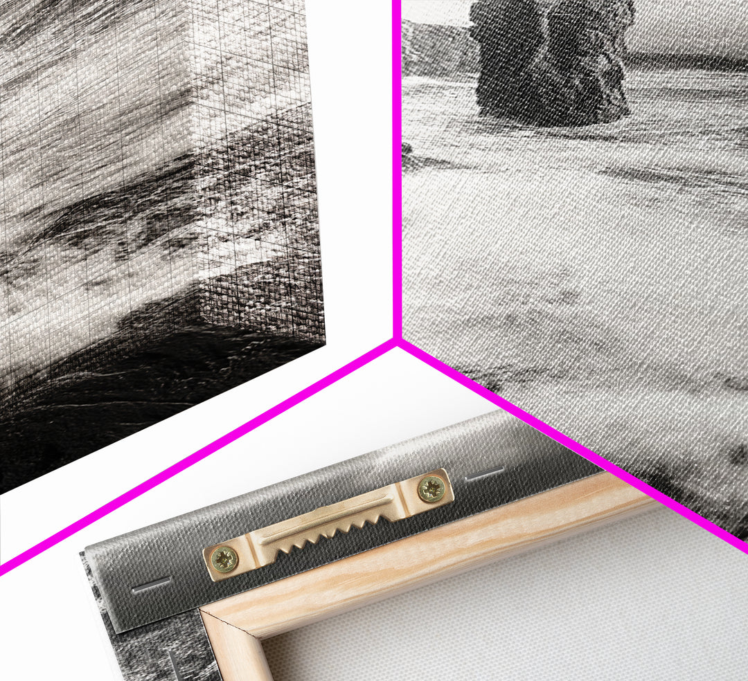 Crashing Surf, Tall Sea Stack, Rugged Coast, Framed Canvas Print, Moody Ocean Wall Art, Bathroom Decor, Black and White Seascape