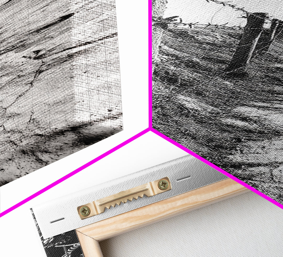 Rocky Shoreline, Barbed Wire, Coastal Minimalism, Rugged Texture, Natural Barrier, Framed Canvas Print, Hallway Wall Art, Industrial Rustic Style