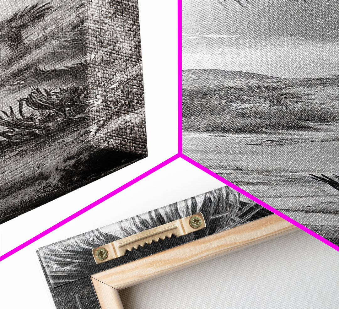 Desert Path, Palm Trees, Serene Escape, Tranquil Garden, Monochrome Landscape, Framed Canvas Print, Entryway Wall Art, Nature Minimal