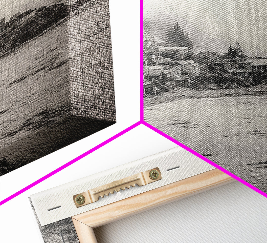 Coastal Fog Village, Misty Ocean Cliff Scene, Black and White Landscape, Canvas Print, Bedroom Wall Art, Rustic Coastal Decor