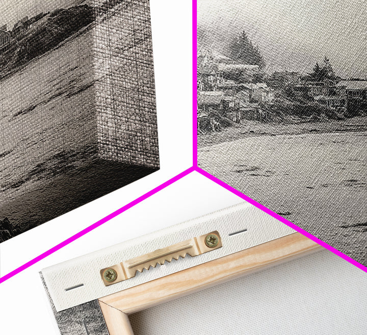 Coastal Fog Village, Misty Ocean Cliff Scene, Black and White Landscape, Canvas Print, Bedroom Wall Art, Rustic Coastal Decor