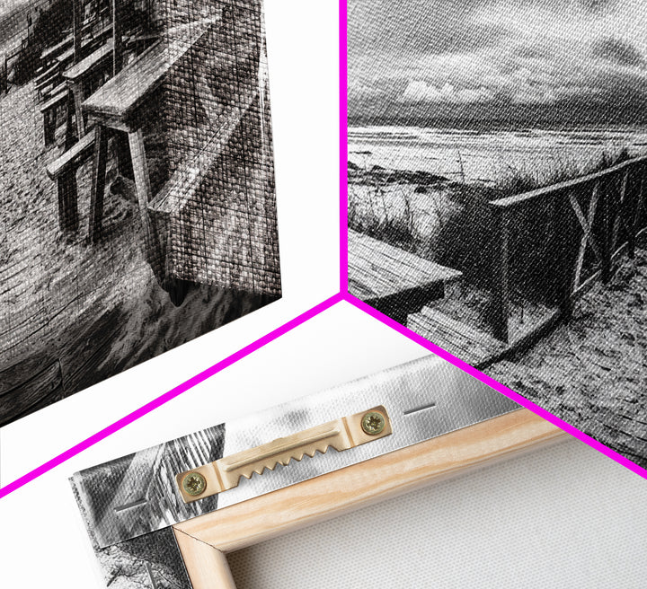 Beach Boardwalk, Coastal Restaurant, Moody Seaside View, Framed Canvas Print, Kitchen or Bar Wall Art, Rustic Autumn Decor