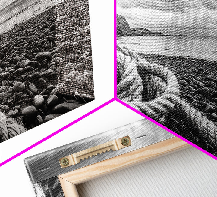 Coastal Rope, Pebble Shore, Nautical Texture, Rugged Seascape, Canvas Print, Bathroom Wall Art, Beach House Style, Moody Ocean Decor