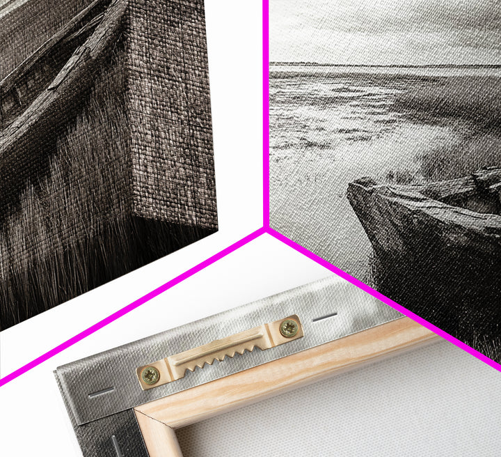 Abandoned Boat, Coastal Marsh Scene, Sepia Seascape, Framed Canvas Print, Living Room Wall Art, Moody Autumn Nautical Decor