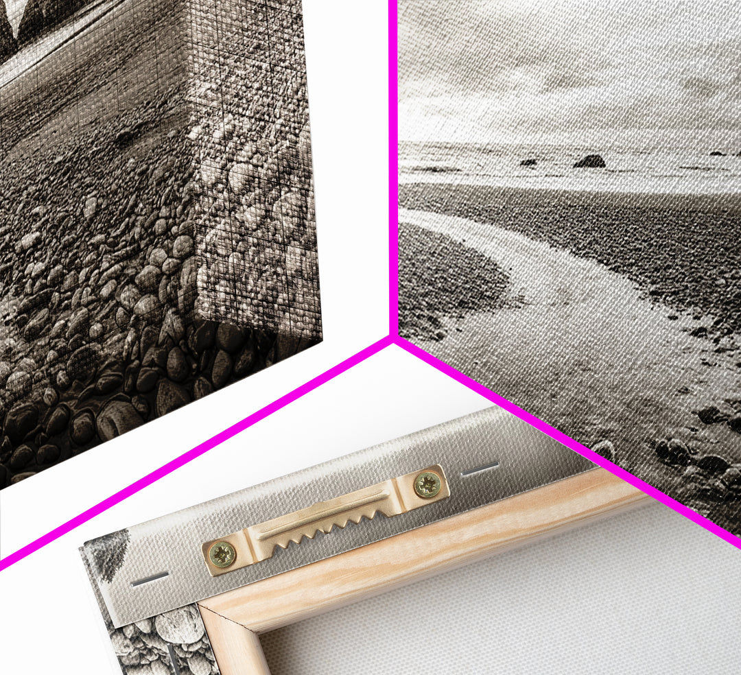 Coastal Pebble Beach, Pacific Shoreline, Serene Nature Landscape, Framed Canvas Print, Neutral Bedroom or Fall Living Room Wall Art