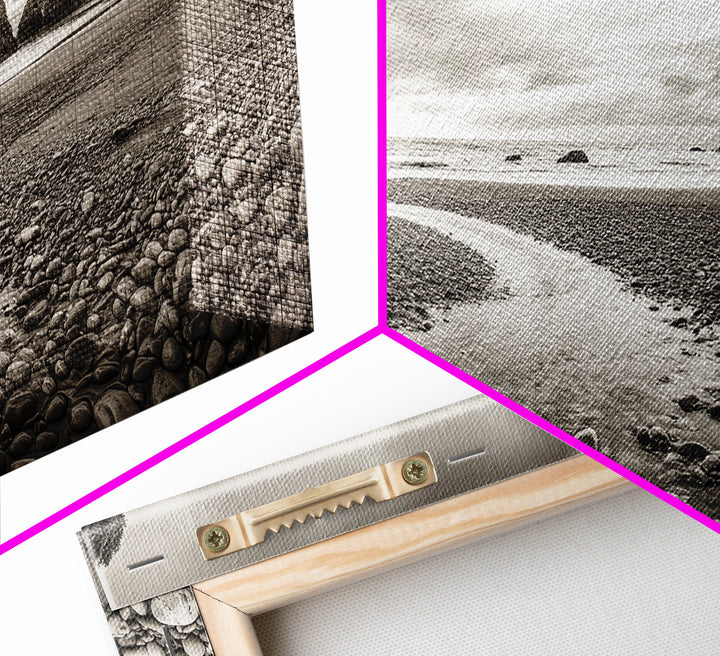 Coastal Pebble Beach, Pacific Shoreline, Serene Nature Landscape, Framed Canvas Print, Neutral Bedroom or Fall Living Room Wall Art