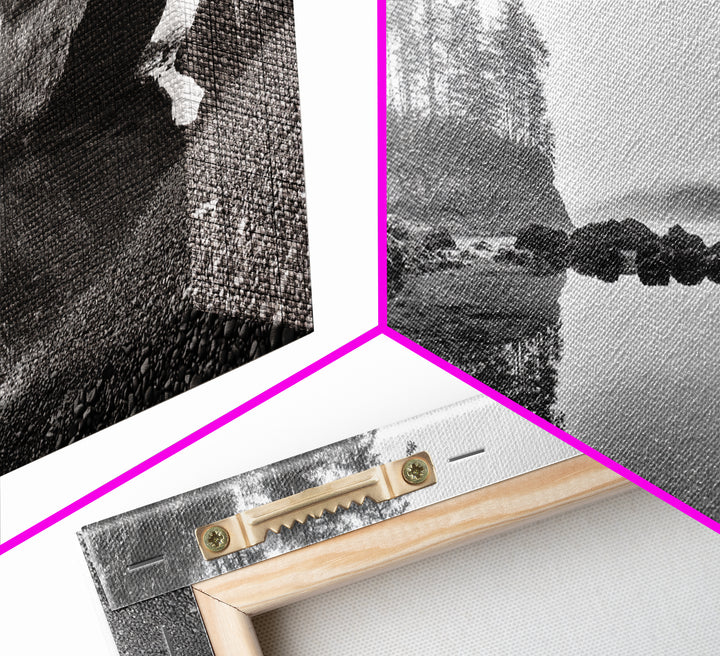 Coastal Cave Reflections, Misty Tidepool Scene, Moody Nature Landscape, Canvas Print, Living Room Wall Art, Black And White Art