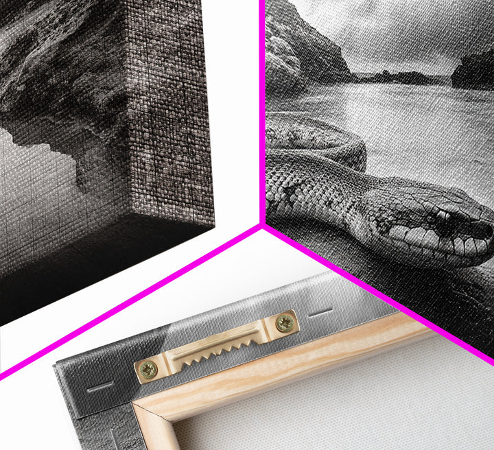 Ocean Snake Landscape, Coastal Creature Scene, Black and White Reptile, Framed Canvas Print, Moody Art, Bedroom or Den Decor