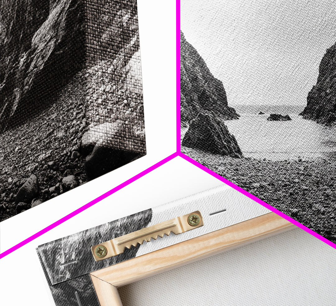 Rocky Cove, Ocean Gap, Cliffside Path, Secluded Coast, Framed Canvas Print, adventure wall art, man cave, grayscale wilderness print