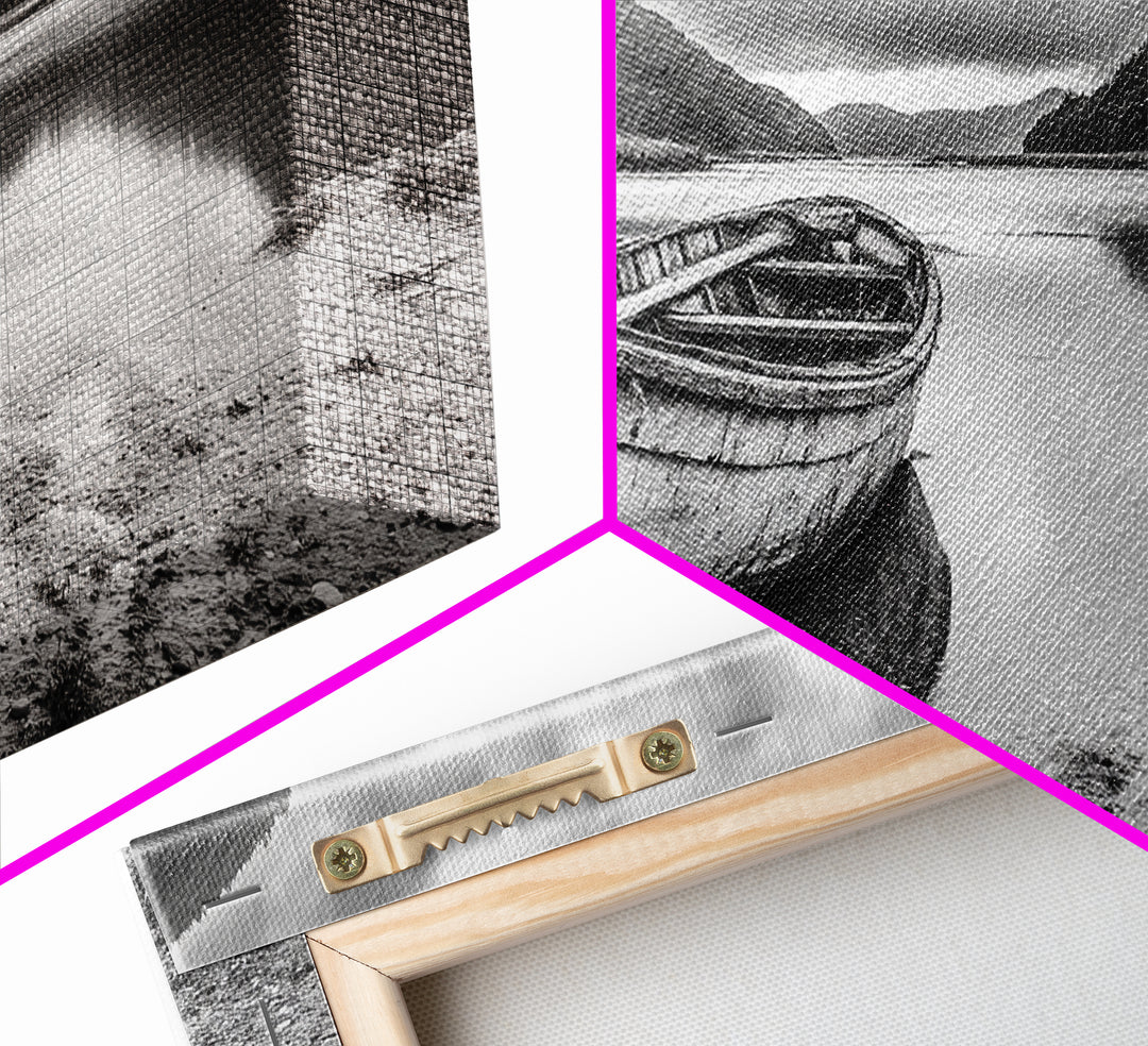 Abandoned Boat, Mountain Lake, Moody Shore, Nature Reflections, Framed Canvas Print, cabin wall art, explorer decor, grayscale nature