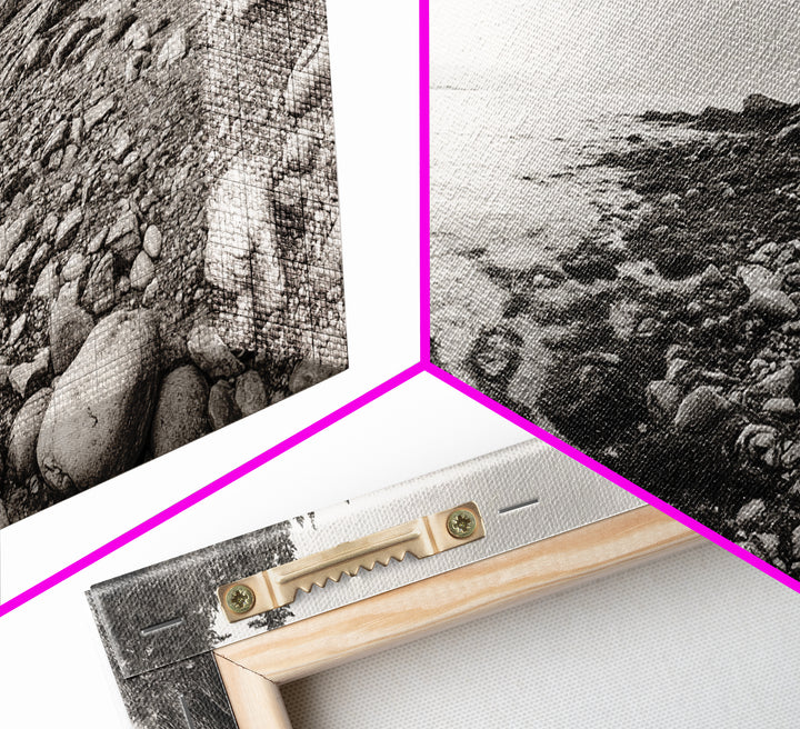 Rocky Coast, Forest Edge, Tranquil Shoreline, Earthy Landscape Scene, Canvas Print, Neutral Home Decor, Rustic Cabin Wall Art