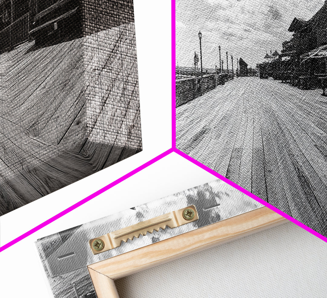 Boardwalk View, Beach Shops, Summer Scene, Coastal Town, Framed Canvas Print, Nautical Wall Art, Dining Room Coastal Decor