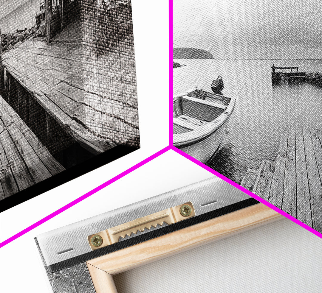 Rowboat Dock, Harbor Scene, Calm Waters, Quiet Morning, Framed Canvas Print, Lakeside Cabin Wall Art, Rustic Nautical Decor, Cabin Decor