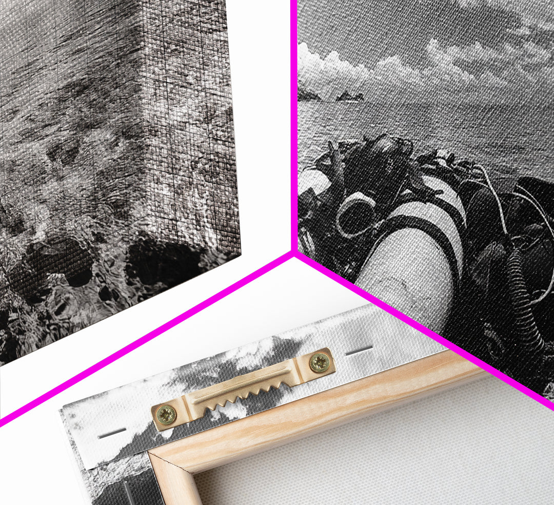 Dive Gear Shoreline, Ocean Exploration Scene, Black and White Adventure Art, Canvas Print, Nautical Decor, Man Cave Wall Art, Nautical Wall Art