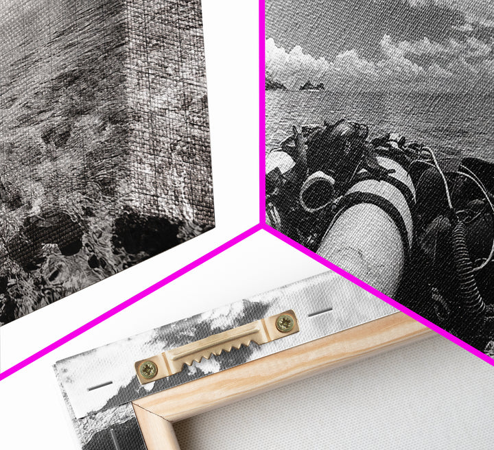 Dive Gear Shoreline, Ocean Exploration Scene, Black and White Adventure Art, Canvas Print, Nautical Decor, Man Cave Wall Art, Nautical Wall Art