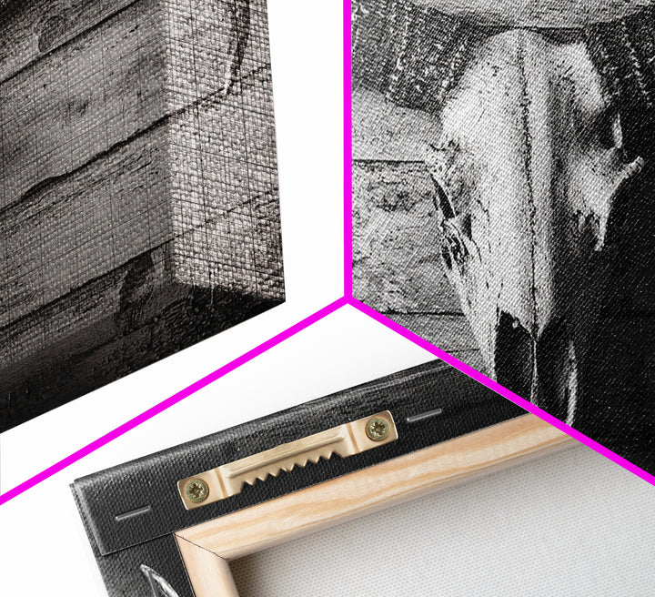 Bull Skull, Rustic Horns, Western Cabin Decor, Weathered Wood, Framed Canvas Print, Farmhouse Wall Art, Cowboy Office Decor, Rustic Wall Art