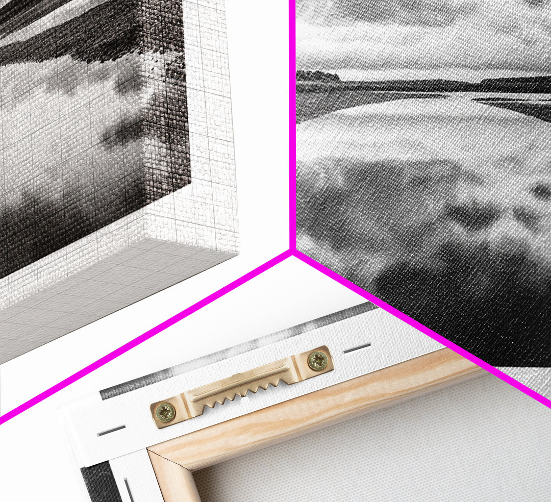 River Reflection, Cloudy Sky, Calm Nature Path, Modern Monochrome, Framed Canvas Print, Bedroom Wall Art, Minimalist Landscape Art