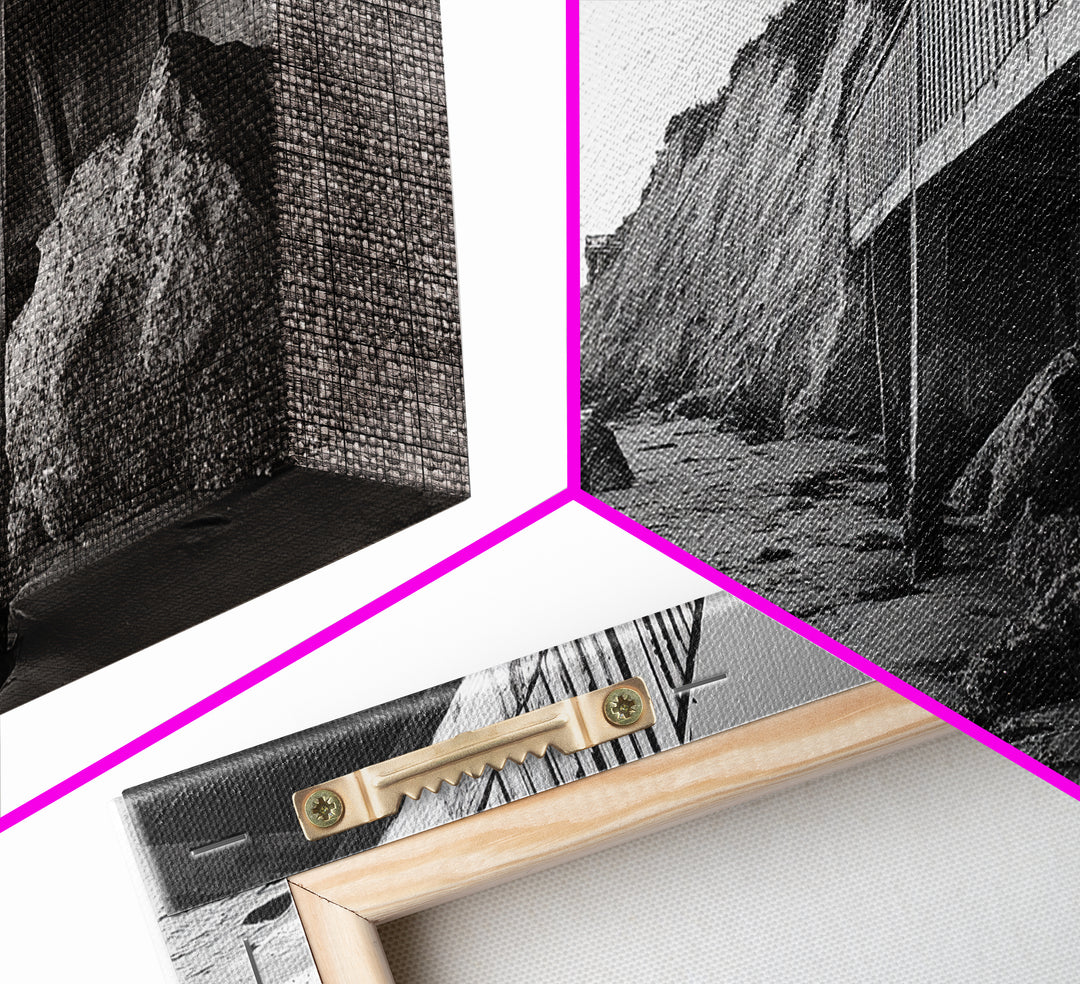 Coastal Cliff View, Seaside Escape, Beachside Structure, Framed Canvas Print, Rustic Wall Art, Modern Coastal Living Room Decor