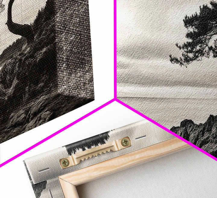 Coastal Tree, Windswept Cliff, Serene Horizon, Nature Escape, Framed Canvas Print, minimalist wall art, bedroom decor, zen nature print