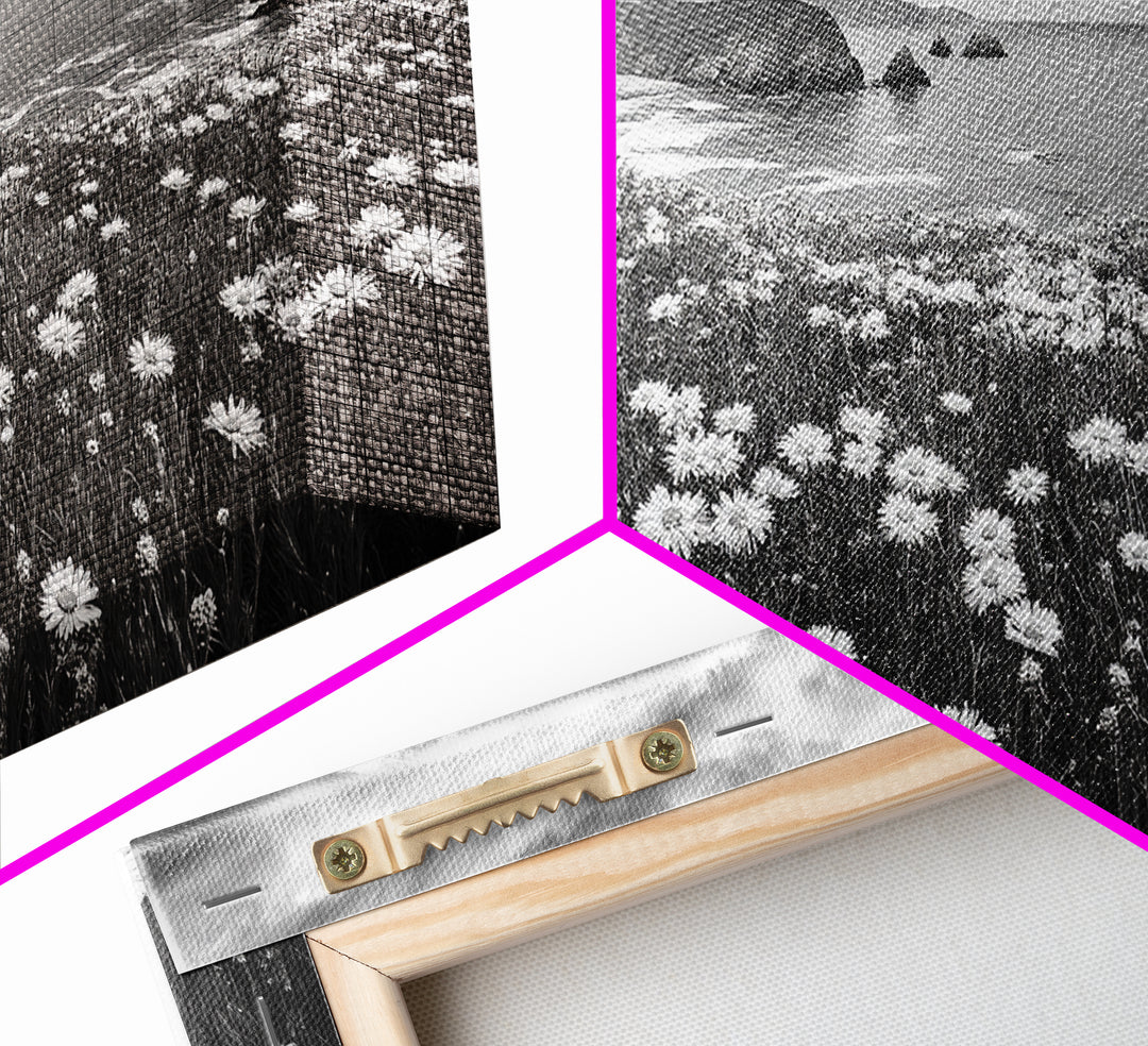 Coastal Flower Field, Ocean Meadow Scene, Seaside Wildflower Landscape, Serene Botanical Print, Living Room Art, Canvas Print