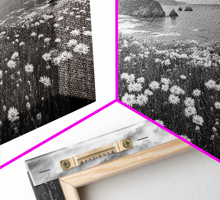 Coastal Flower Field, Ocean Meadow Scene, Seaside Wildflower Landscape, Serene Botanical Print, Living Room Art, Canvas Print