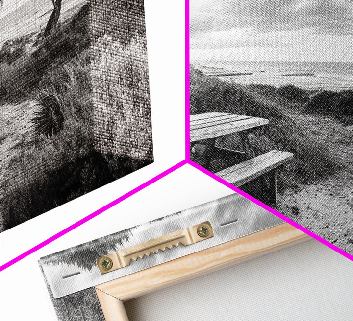 Picnic Table, Ocean Tree, Coastal Path, Windswept Scene, Framed Canvas Print, Rustic Wall Art, Fall Decor, Peaceful Beach Setting