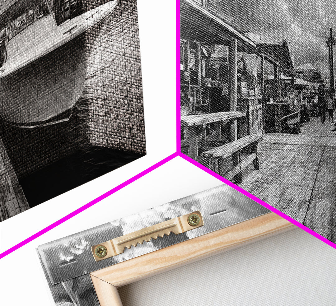 Dockside Market, Nautical Vibes, Fishing Village, Framed Canvas Print, Coastal Kitchen Art, Rustic Decor, Oceanfront Life Scene