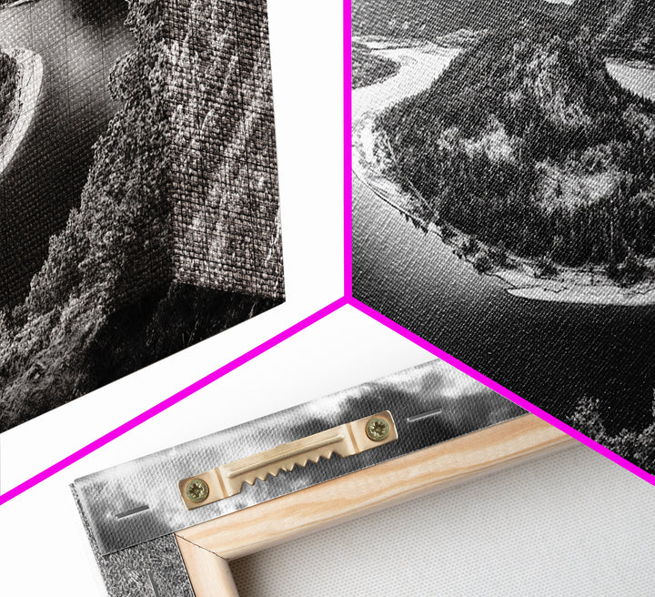 River Bend Landscape, Mountain View Aerial, Nature Panorama Scene, Framed Canvas Print, Cabin Wall Art, Adventure Boho Art, Living Room Wall Art