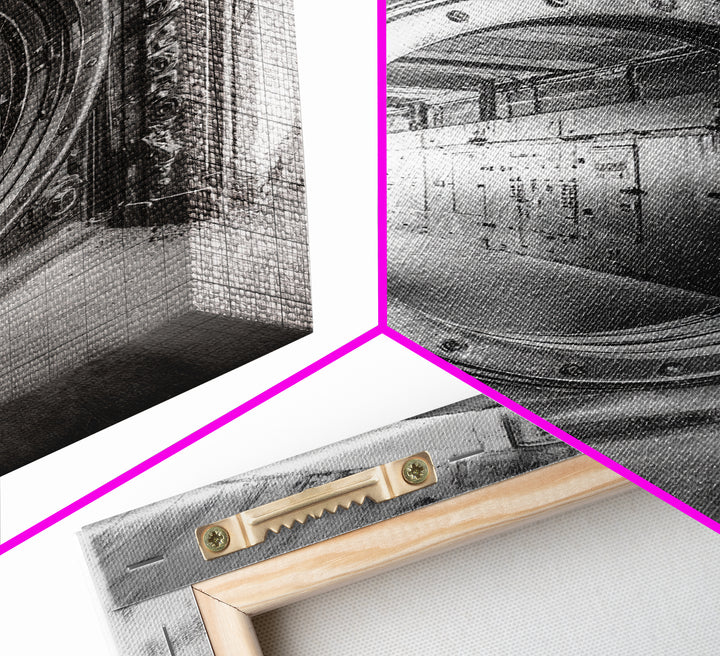 Bank Vault Door, Industrial Design, Urban Texture, Canvas Print, Masculine Office Decor, Steampunk Wall Art, Black White Print