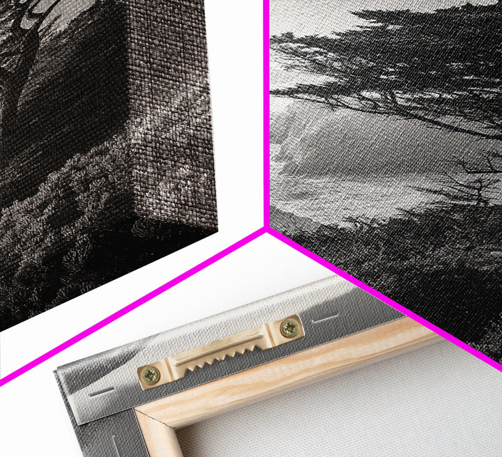 Tree On Cliffs, Foggy Coastline, Monochrome Coastal View, Moody Nature Scene, Framed Canvas Print, Bedroom Wall Art, Earthy Minimalist Decor