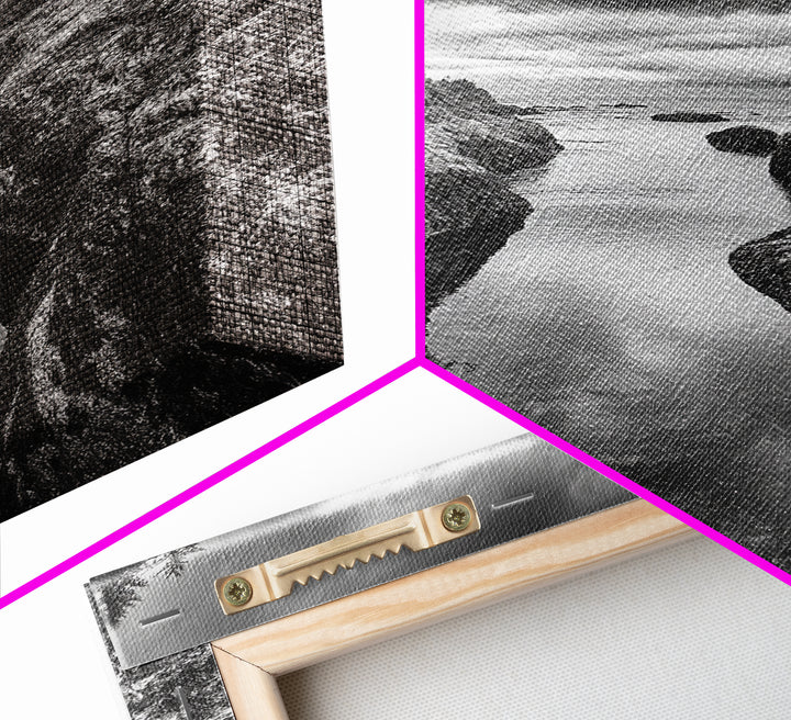 Rocky Waterway, Coastal Reflections, Dramatic Cloudscape, Ocean Nature Print, Framed Canvas Print, Bathroom Wall Art, Modern Rustic Style