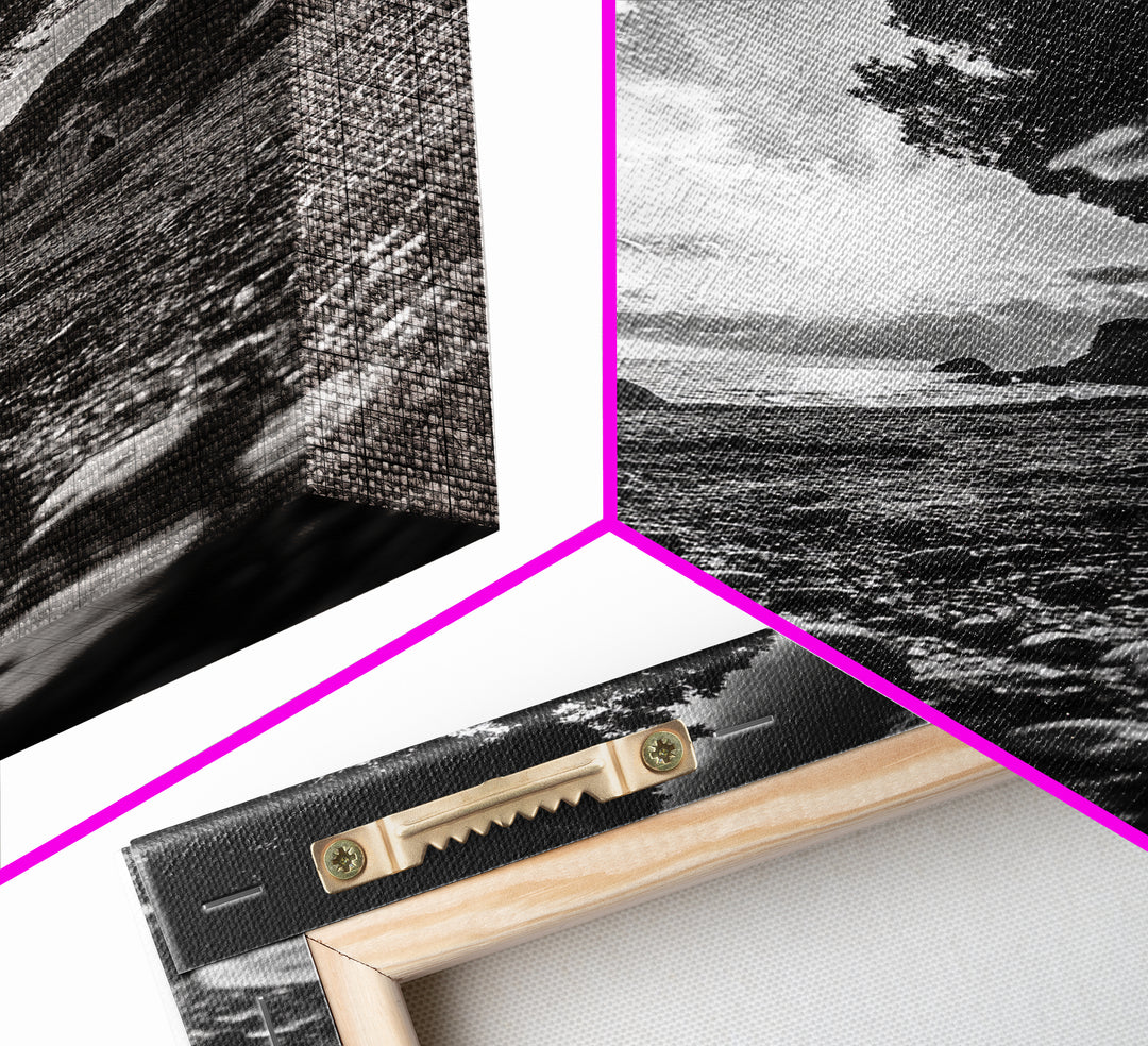 Sunset Beach View, Wide Angle Perspective, Nature Shoreline, Monochrome Landscape, Framed Canvas Print, Hallway Wall Art, Beach Decor
