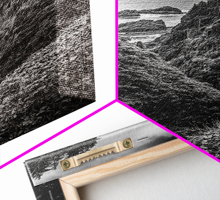 Rugged Ocean View, Coastal Forest, Black and White Mountains, Pacific Northwest Vibes, Framed Canvas Print, Den Wall Art, Moody Cabin Decor