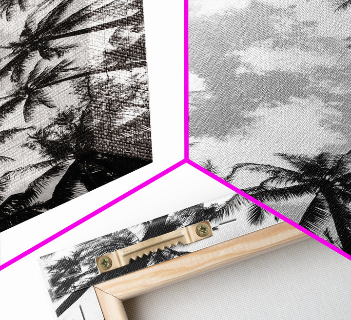 Palm Tree Sky, Tropical Canopy, Black and White Island View, Jungle Overhead Scene, Framed Canvas Print, Bathroom Wall Art, Beach Boho Decor