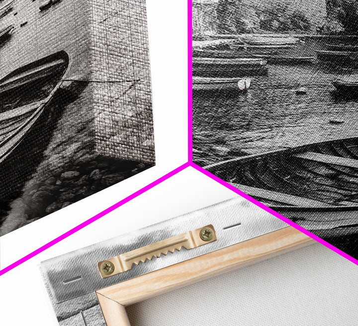 Coastal Village, Fishing Boats, Mediterranean Harbor, Seaside Charm, Framed Canvas Print, Nautical Kitchen Wall Art, Fall Decor Accent