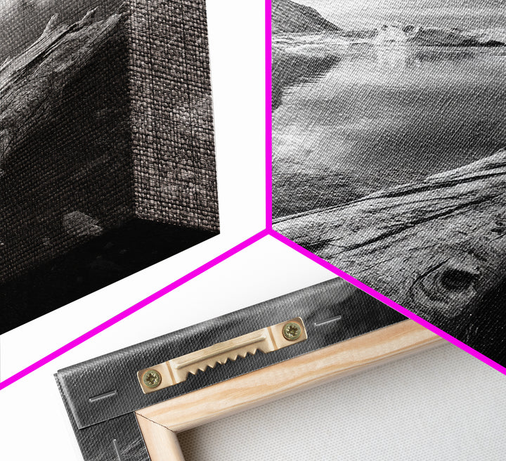 Arctic Driftwood View, Iceberg Horizon, Moody Mountains, Framed Canvas Print, Office Wall Art, Monochrome Nature, Nordic Aesthetic