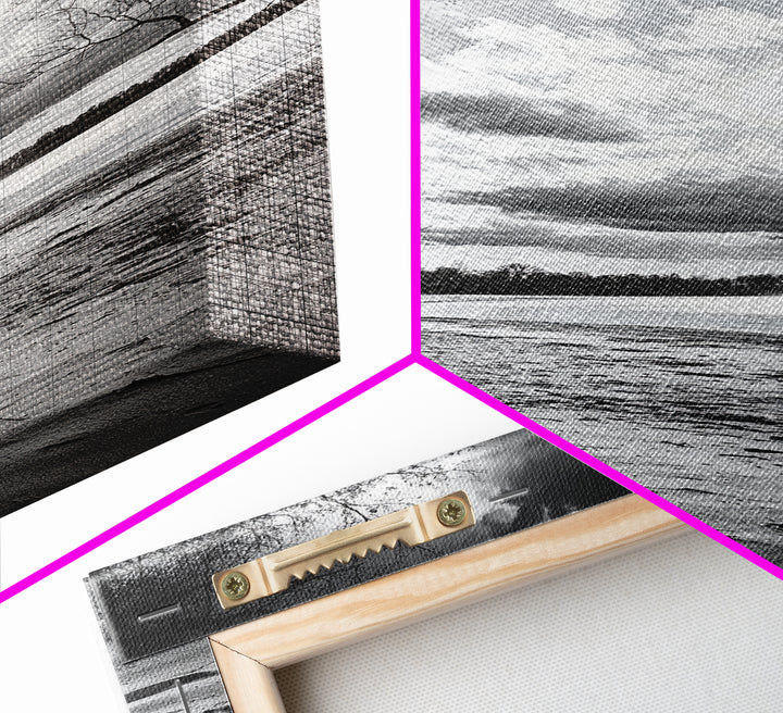 Dramatic Beach Sunset, Bare Trees Silhouette, Nature Photography, Framed Canvas Print, Fall Wall Art, Entryway Decor, Rustic Minimalist