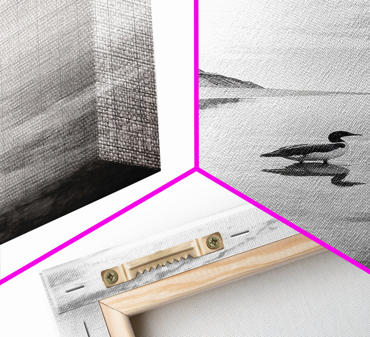 Lone Loon, Quiet Reflection, Coastal Bird, Framed Canvas Print, Nature Wall Art, Bathroom Decor, Serene Black and White Art