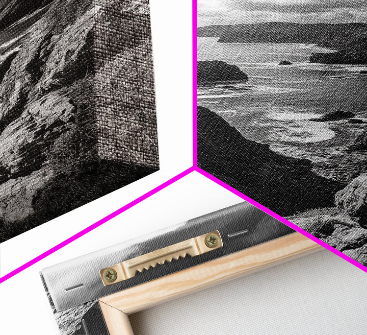 Rugged Cliffs, Ocean View, Coastal Escape, Framed Canvas Print, black and white coastal art, beach house wall decor, moody ocean print