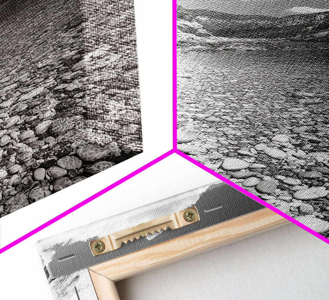 Rocky Beach, Crystal Water, Mountain Backdrop, Framed Canvas Print, tranquil lake art, minimalist decor, natural wall art