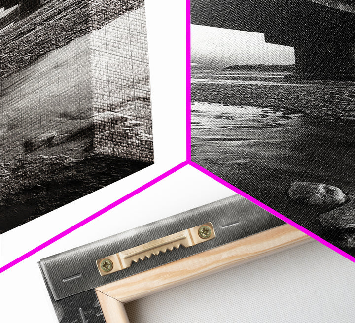 Stormy Bridge, River Rocks, Dramatic Sky, Modern Landscape, Framed Canvas Print, Moody Photography, Office Wall Art, Minimalist Decor