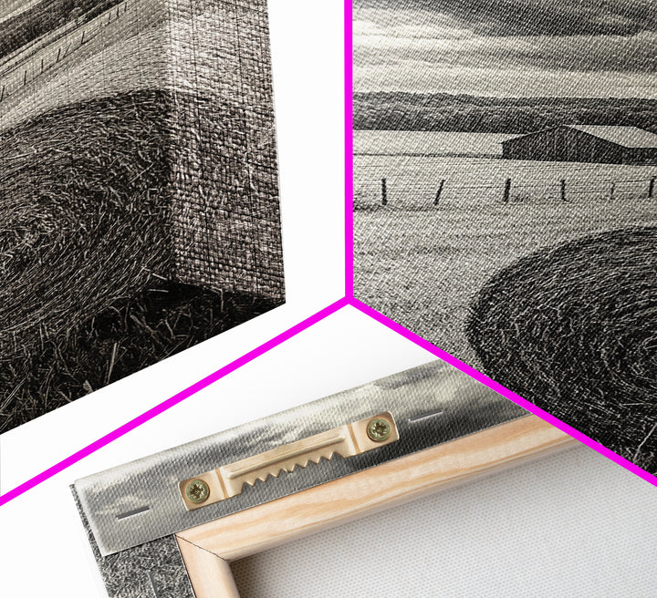 Autumn Hay Bale, Farm Field Scene, Country Landscape, Black and White Canvas Print, Rustic Kitchen or Fall Living Room Wall Art