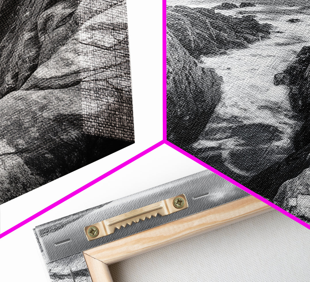 Ocean Cliff Pass, Rugged Coastal Rocks, Nature Power, Monochrome Framed Canvas Print, Moody Bathroom or Masculine Office Art