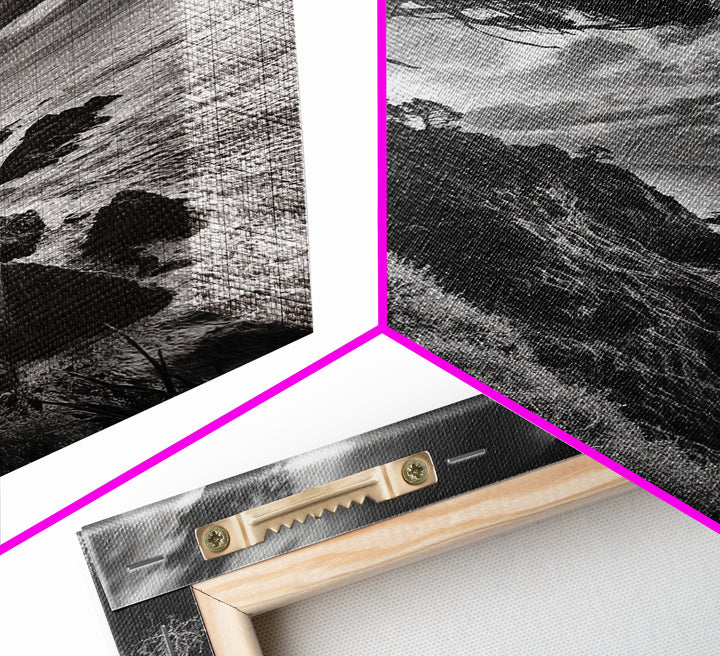 Coastal Pines, Rocky Shore, Windswept Tree, Wild Ocean Framed Canvas Print, rustic cabin art, black and white beach wall decor