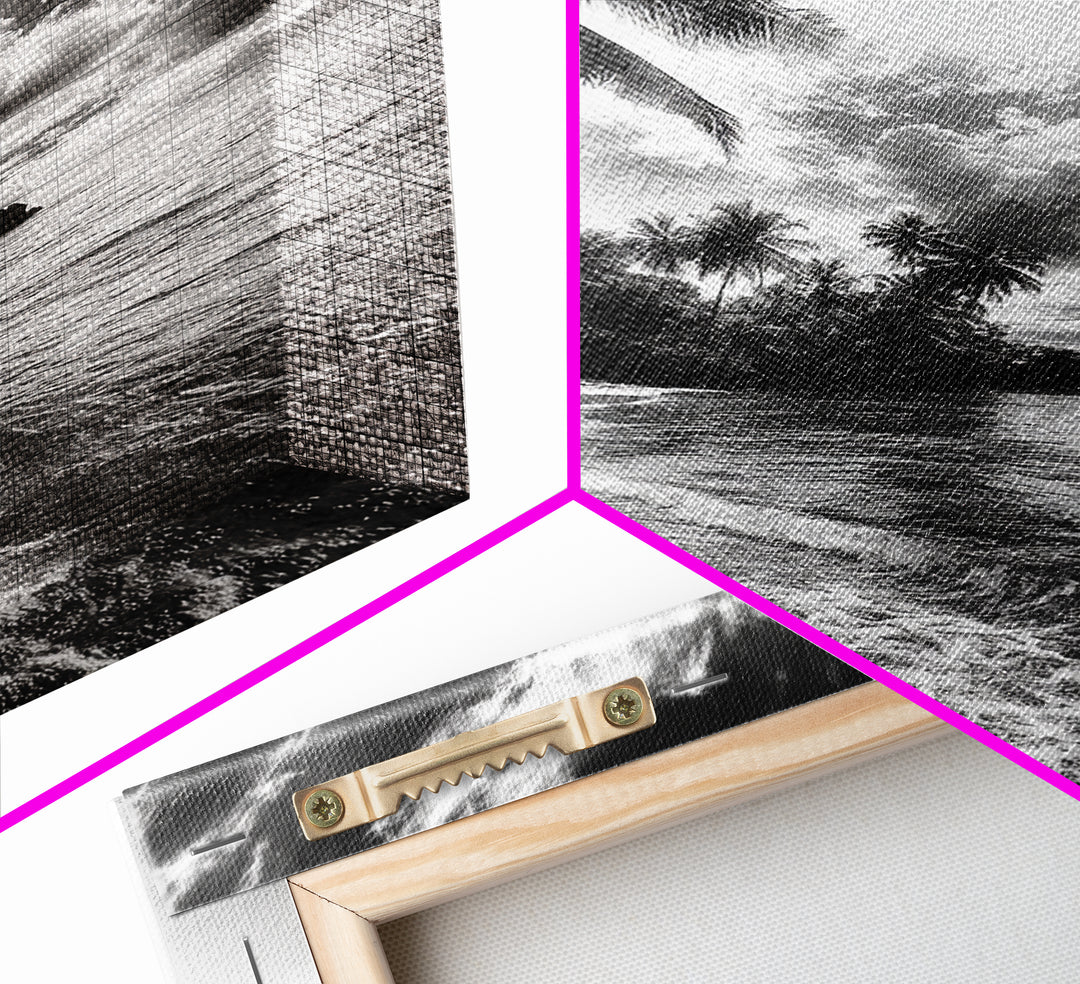 Tropical Sunset Beach, Palms and Waves, Cloudy Skies, Island Vibes, Framed Canvas Print, Coastal Wall Art, Beach House Decor