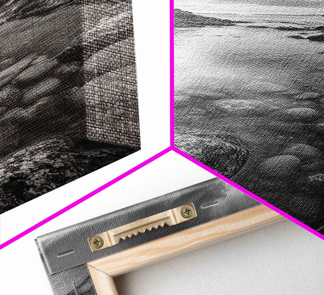 Rocky Shoreline Calm, Pebble Tidepool, Ocean Cliffs, Nature Escape, Canvas Print, Bathroom Wall Art, Black and White Coastal Art