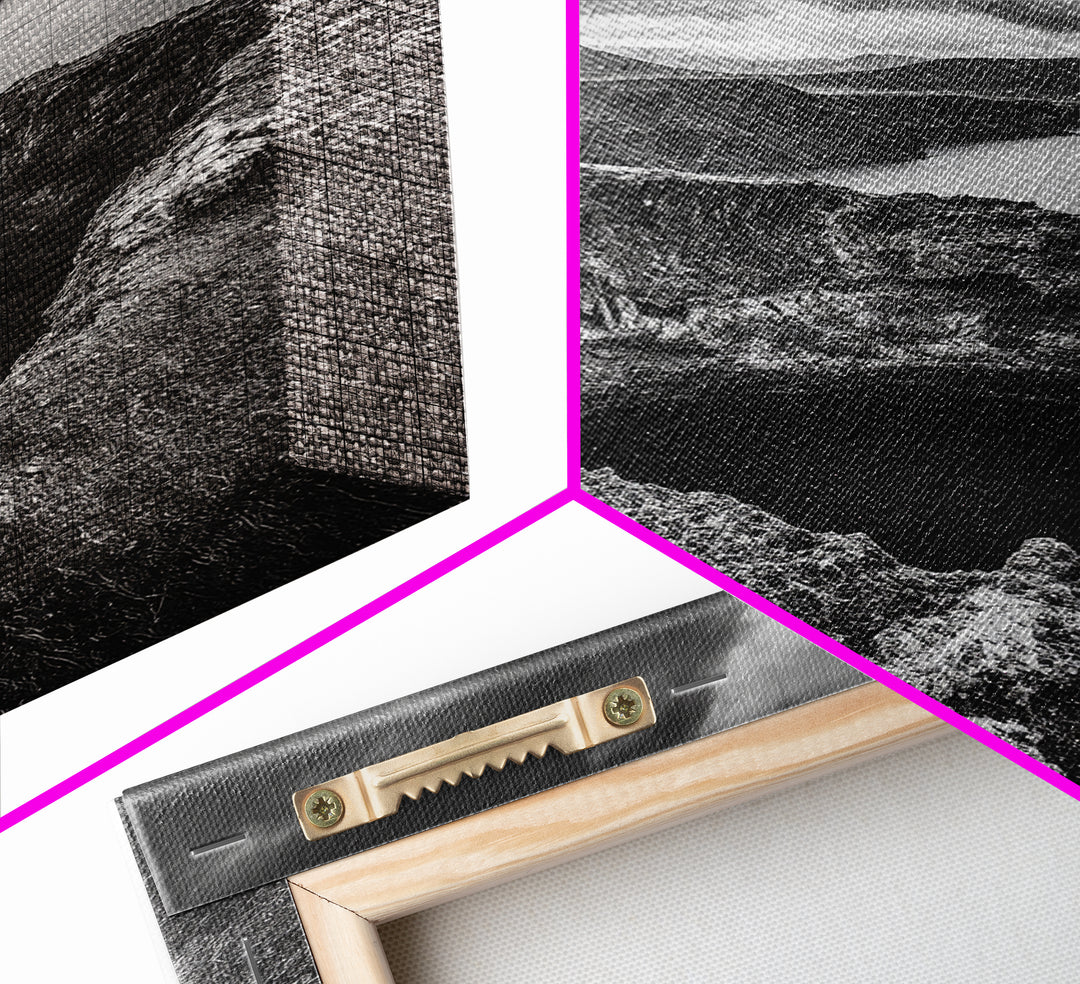 Crater Overlook Coast, Stormy Sky Mountains, Ocean Cliffs, Rugged Wilderness, Canvas Print, Den Wall Art, Moody Black and White Art