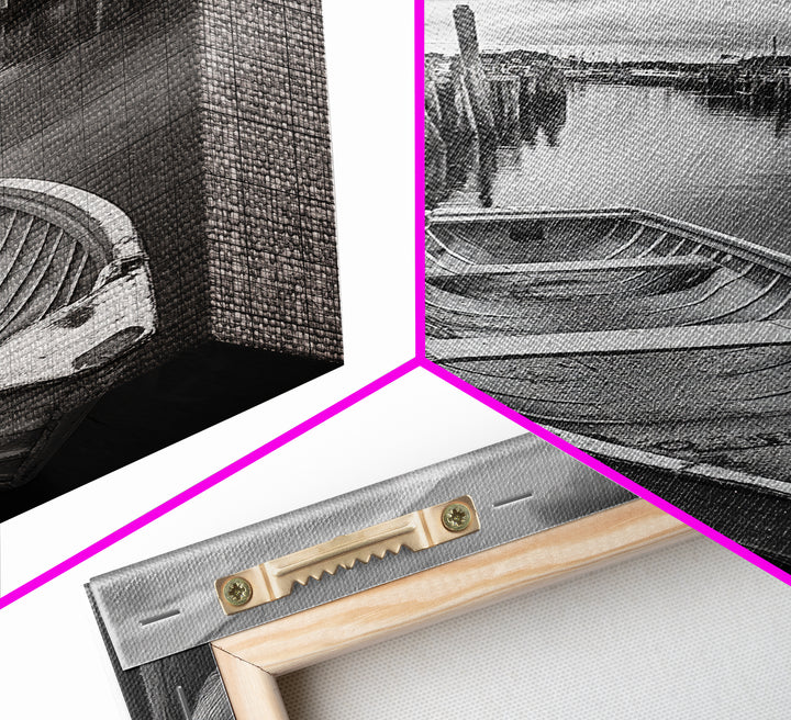 Docked Rowboat Scene, Calm Harbor, Coastal Village, Still Waters, Framed Canvas Print, Seaside Art, Beach House Wall Decor